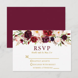 Watercolor Burgundy Floral Gold Wedding RSVP Card