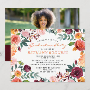 Watercolor Burgundy Floral Graduation Party Photo Invitation