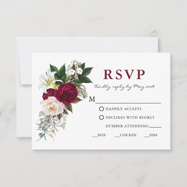 Watercolor Burgundy Floral Greenery Meal W RSVP Card (Front)