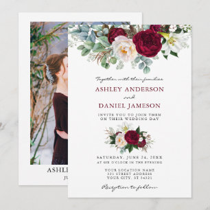 Watercolor Burgundy Floral Greenery Photo Wedding Invitation
