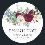 Watercolor Burgundy Floral Greenery Wedding B Classic Round Sticker<br><div class="desc">Modern Elegant Watercolor Burgundy Floral,  Greenery Wedding Sticker includes peonies,  eucalyptus leaves and other beautiful greenery. Black Text.</div>