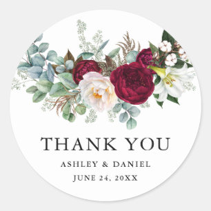 Watercolor Burgundy Floral Greenery Wedding B Classic Round Sticker