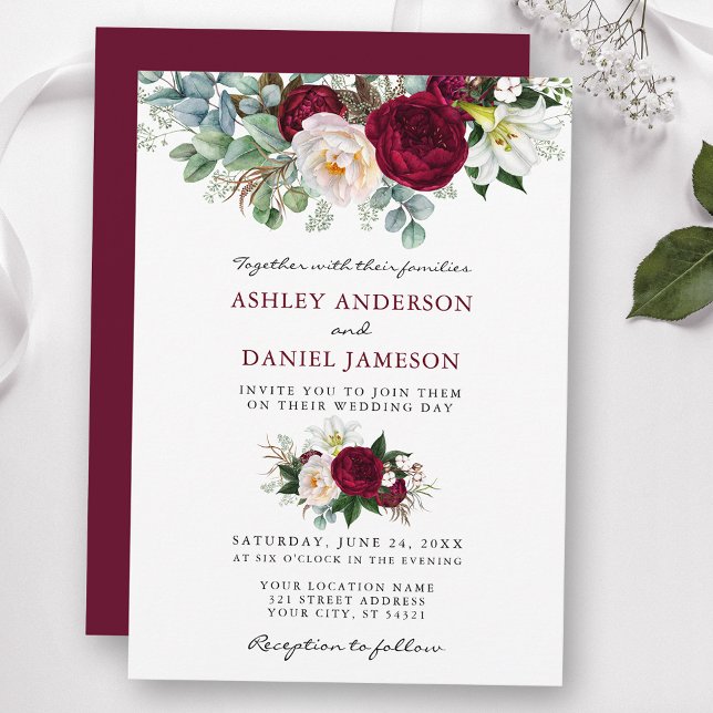 Watercolor Burgundy Floral Greenery Wedding B Invitation (Customize to change text color, style, add text & photos to back or change color of back of card.)