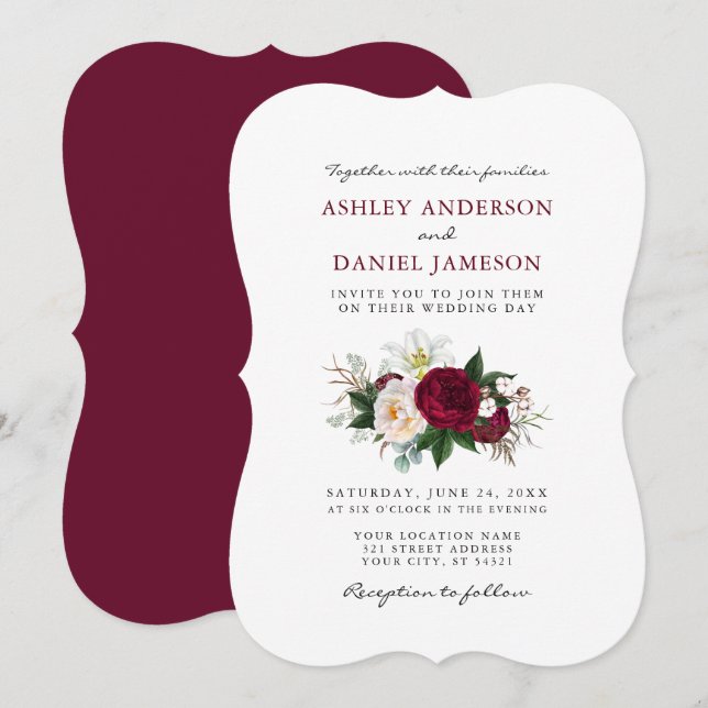 Watercolor Burgundy Floral Greenery Wedding BR Invitation (Front/Back)