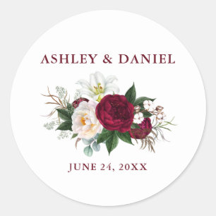 Watercolor Burgundy Floral Greenery Wedding Classic Round Sticker