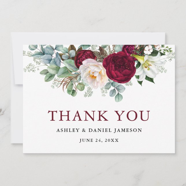 Watercolor Burgundy Floral Greenery Wedding Thank You Card (Front)