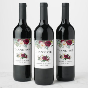 Watercolor Burgundy Floral Greenery Wedding Wine Label