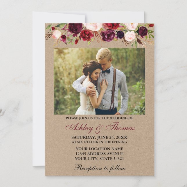 Watercolor Burgundy Floral Kraft Photo Wedding Invitation (Front)