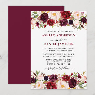 Watercolor Burgundy Floral Modern Wedding Invitation