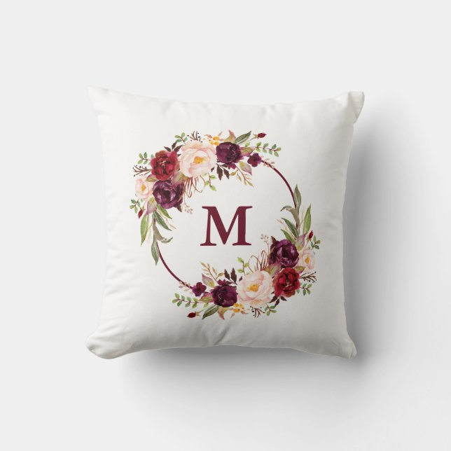 Watercolor Burgundy Floral Monogram Cushion (Front)