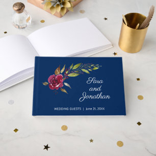 Watercolor Burgundy Floral on Dark Blue Wedding Guest Book