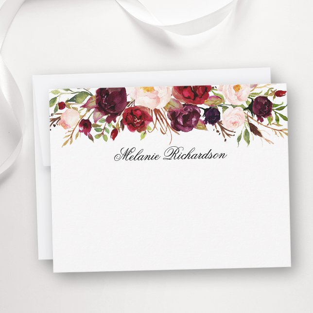 Watercolor Burgundy Floral Personalised Card (Customize to change text color,  text style or to add more text to back of card.)