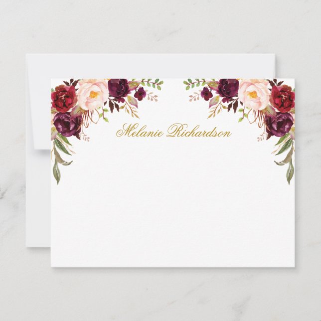 Watercolor Burgundy Floral Personalised Gold Card (Front)