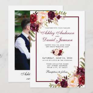 Watercolor Burgundy Floral Photo Back Wedding Invitation