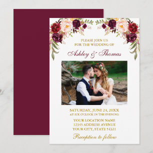 Watercolor Burgundy Floral Photo Gold Wedding Invitation
