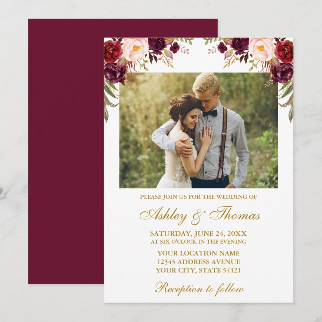 Watercolor Burgundy Floral Photo Gold Wedding Invitation (Front/Back)