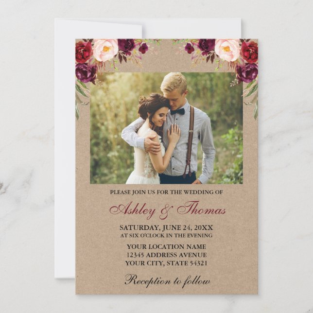 Watercolor Burgundy Floral Photo Kraft Wedding Invitation (Front)
