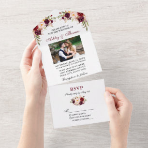 Watercolor Burgundy Floral Photo Wedding All In One Invitation