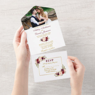 Watercolor Burgundy Floral Photo Wedding Gold All In One Invitation