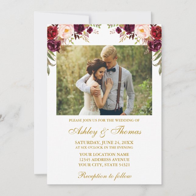 Watercolor Burgundy Floral Photo Wedding Gold Invitation (Front)