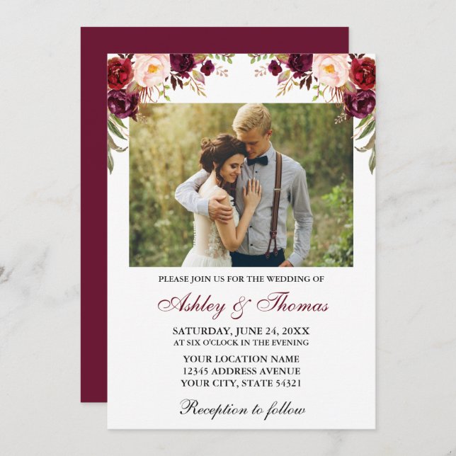 Watercolor Burgundy Floral Photo Wedding Invitation (Front/Back)