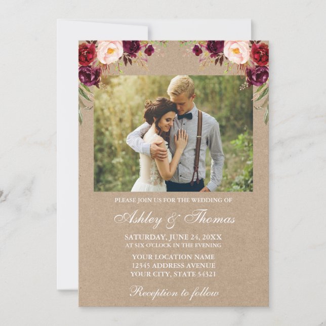 Watercolor Burgundy Floral Photo Wedding Kraft Invitation (Front)