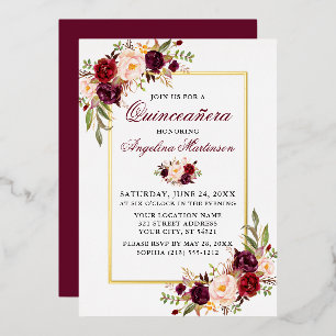 Watercolor Burgundy Floral Quinceanera Gold