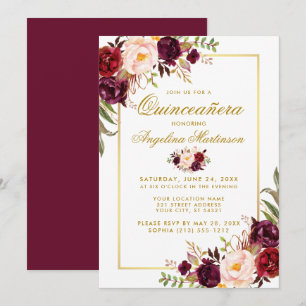 Watercolor Burgundy Floral Quinceanera Gold Invitation