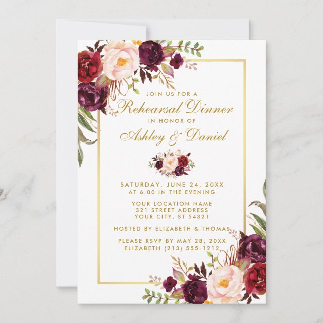 Watercolor Burgundy Floral Rehearsal Dinner Gold W Invitation (Front)