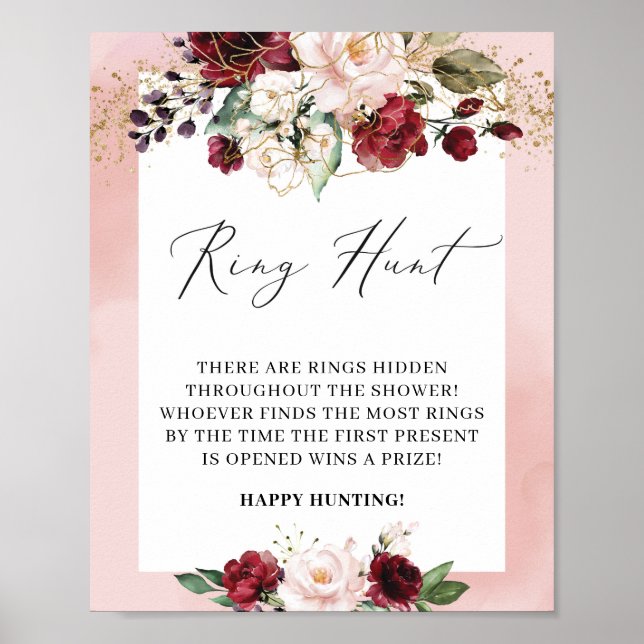 Watercolor Burgundy Floral Ring Hunter Game Sign (Front)