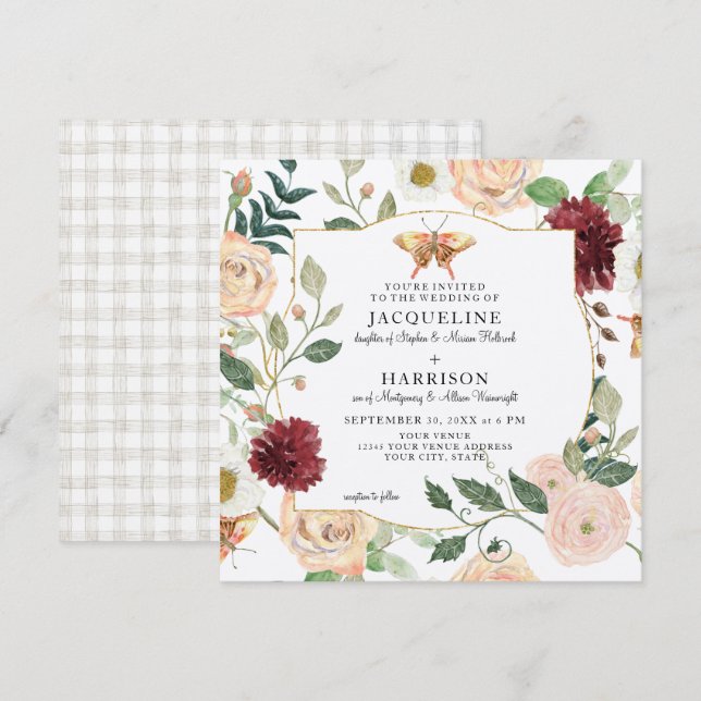 Watercolor Burgundy Floral Rose Butterfly Kraft Invitation (Front/Back)