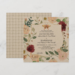 Watercolor Burgundy Floral Rose Butterfly Kraft Invitation