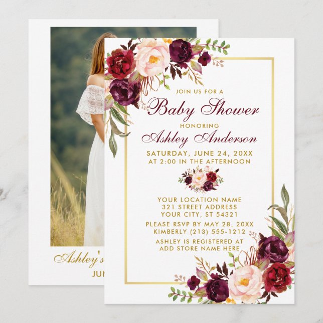 Watercolor Burgundy Floral Shower Gold Photo Invitation (Front/Back)