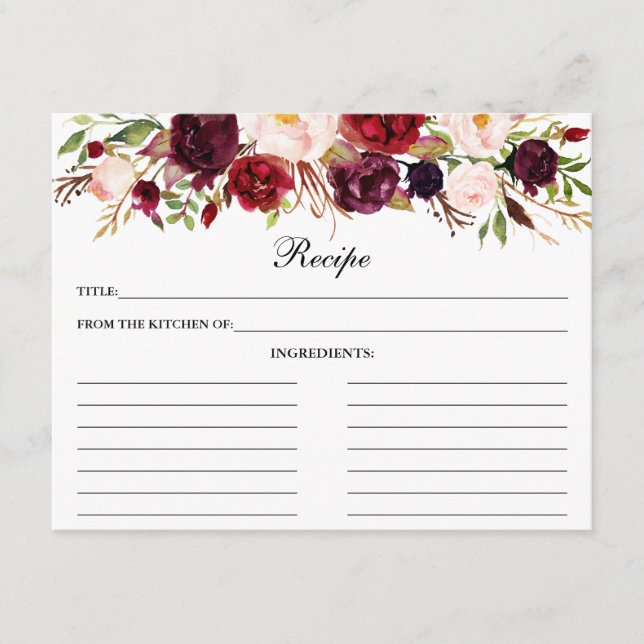 Watercolor Burgundy Floral Shower Recipe Card (Front)