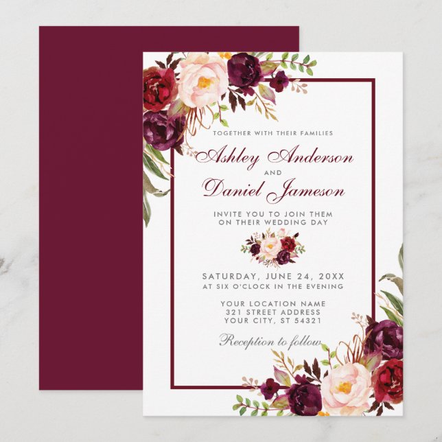 Watercolor Burgundy Floral Silver Wedding Invitation (Front/Back)