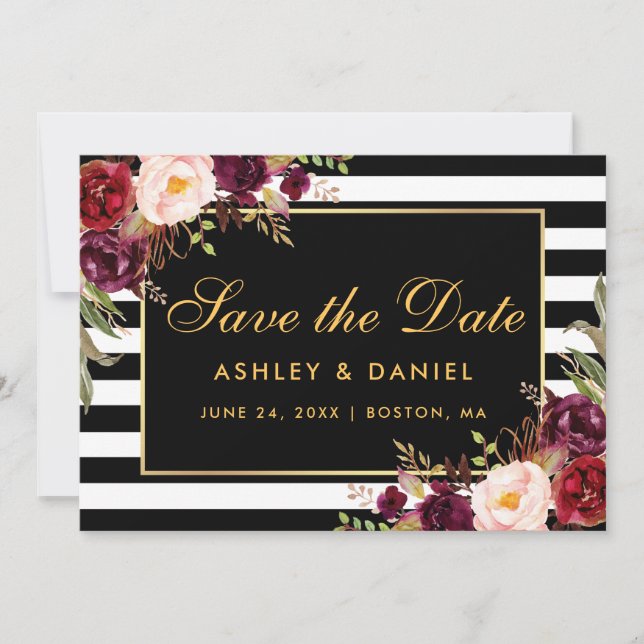 Watercolor Burgundy Floral Striped Save The Date (Front)