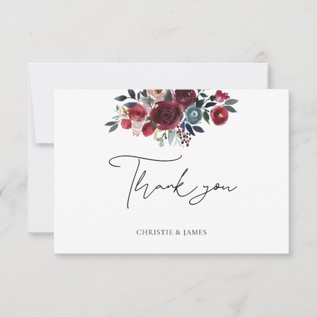Watercolor Burgundy Floral Thank You Card (Front)