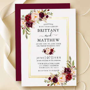 Watercolor Burgundy Floral Wedding 2 Frame Gold