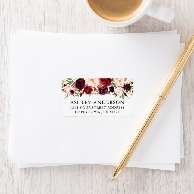 Watercolor Burgundy Floral Wedding Address Label (Insitu)