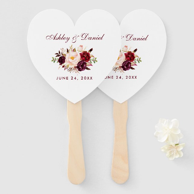 Watercolor Burgundy Floral Wedding BH Hand Fan (Front and Back)