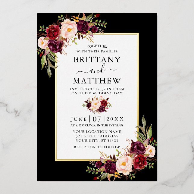 Watercolor Burgundy Floral Wedding Black Gold (Front)