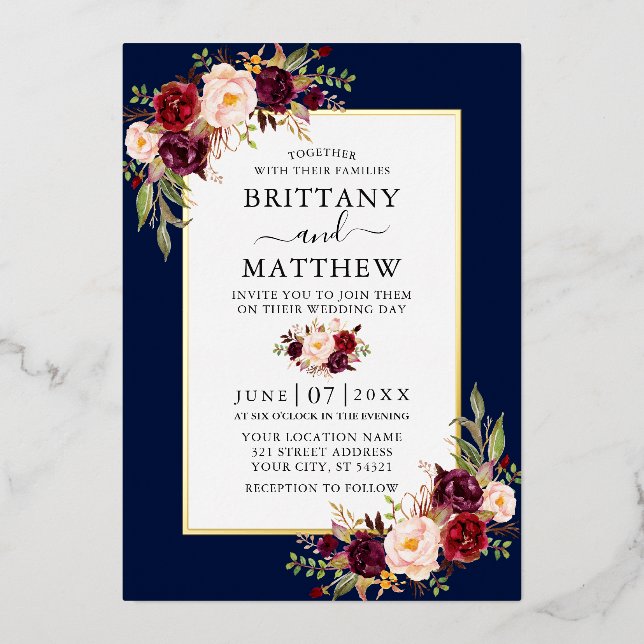 Watercolor Burgundy Floral Wedding Blue Gold (Front)