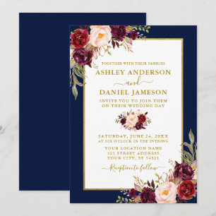 Watercolor Burgundy Floral Wedding Blue Gold Invitation