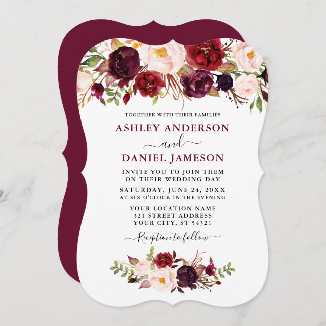 Watercolor Burgundy Floral Wedding Bracket Invitation (Front/Back)