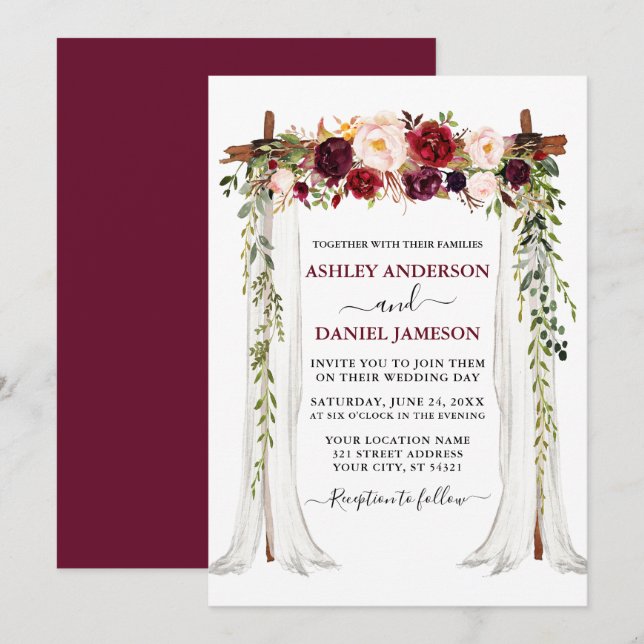 Watercolor Burgundy Floral Wedding Canopy Invitation (Front/Back)