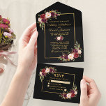 Watercolor Burgundy Floral Wedding Gold All In One Invitation<br><div class="desc">Elegant Burgundy Watercolor Floral Gold Frame All In One Wedding Invitation with RSVP Card includes burgundy roses,  pink roses,  red roses and botanical greenery. Black background.</div>
