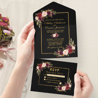 Watercolor Burgundy Floral Wedding Gold All In One Invitation