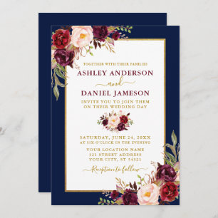 Watercolor Burgundy Floral Wedding Gold Blue Invitation