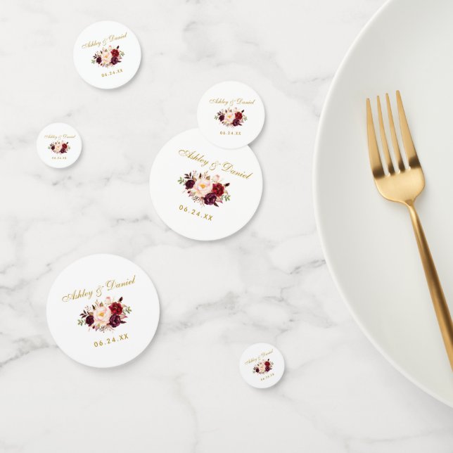 Watercolor Burgundy Floral Wedding Gold Confetti (Group)