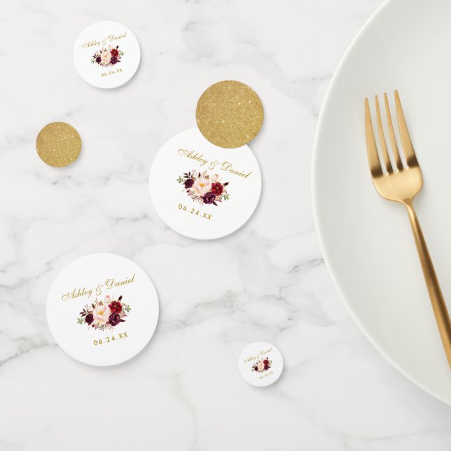 Watercolor Burgundy Floral Wedding Gold Glitter Confetti (Group)